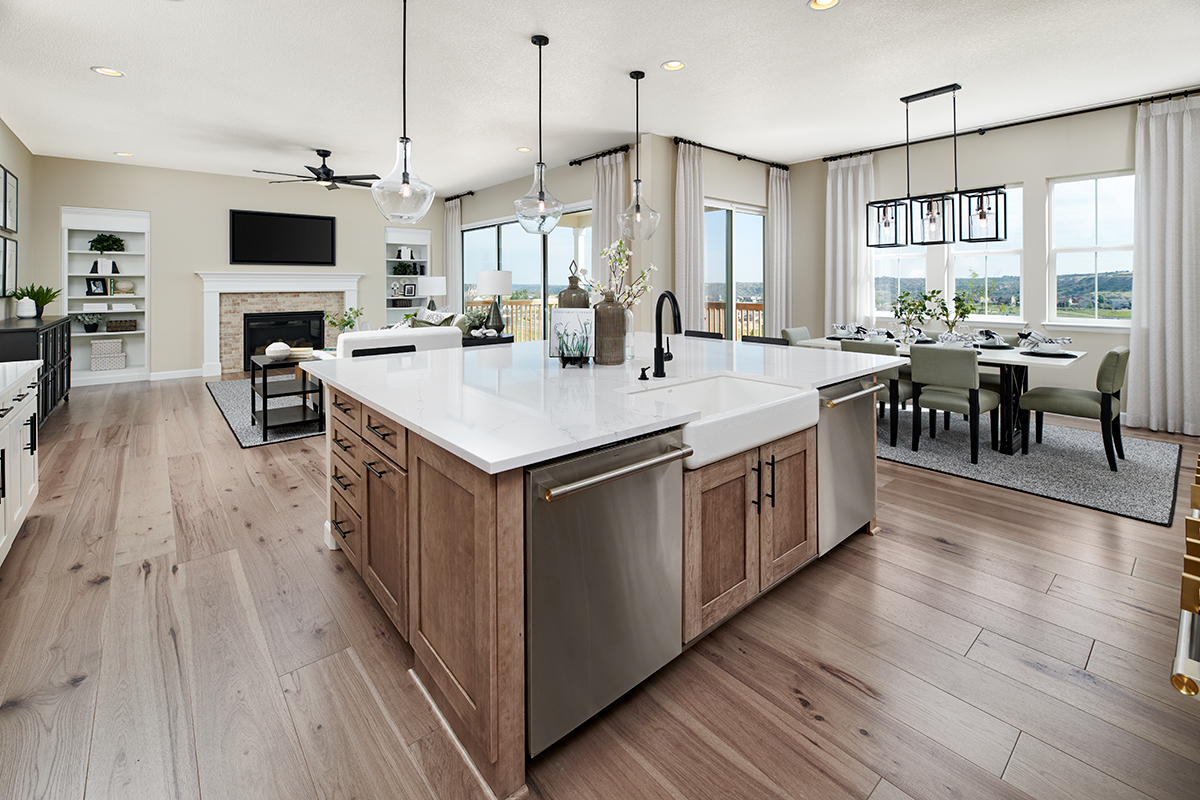 Aspire Collection kitchen with white countertops and light brown cabinets